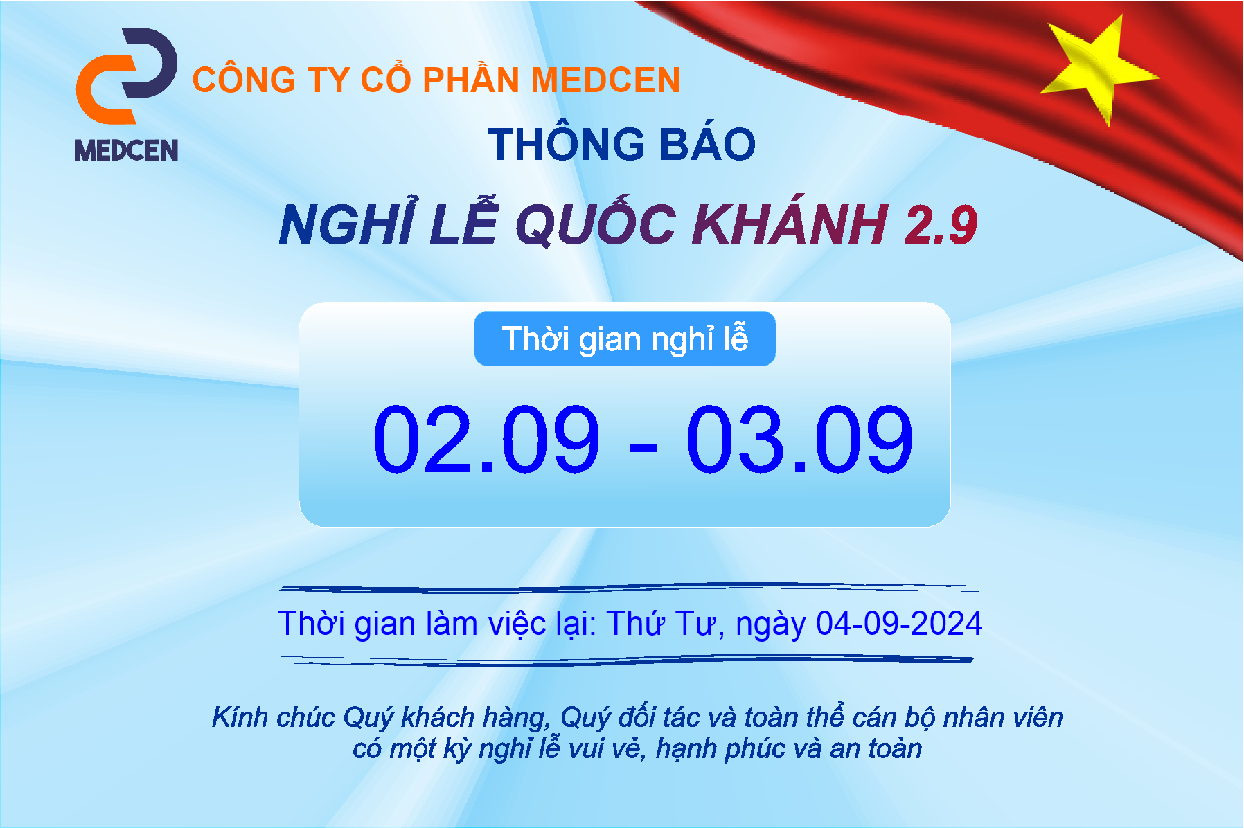 Thông báo nghỉ lễ Quốc Khánh 2-9-2024