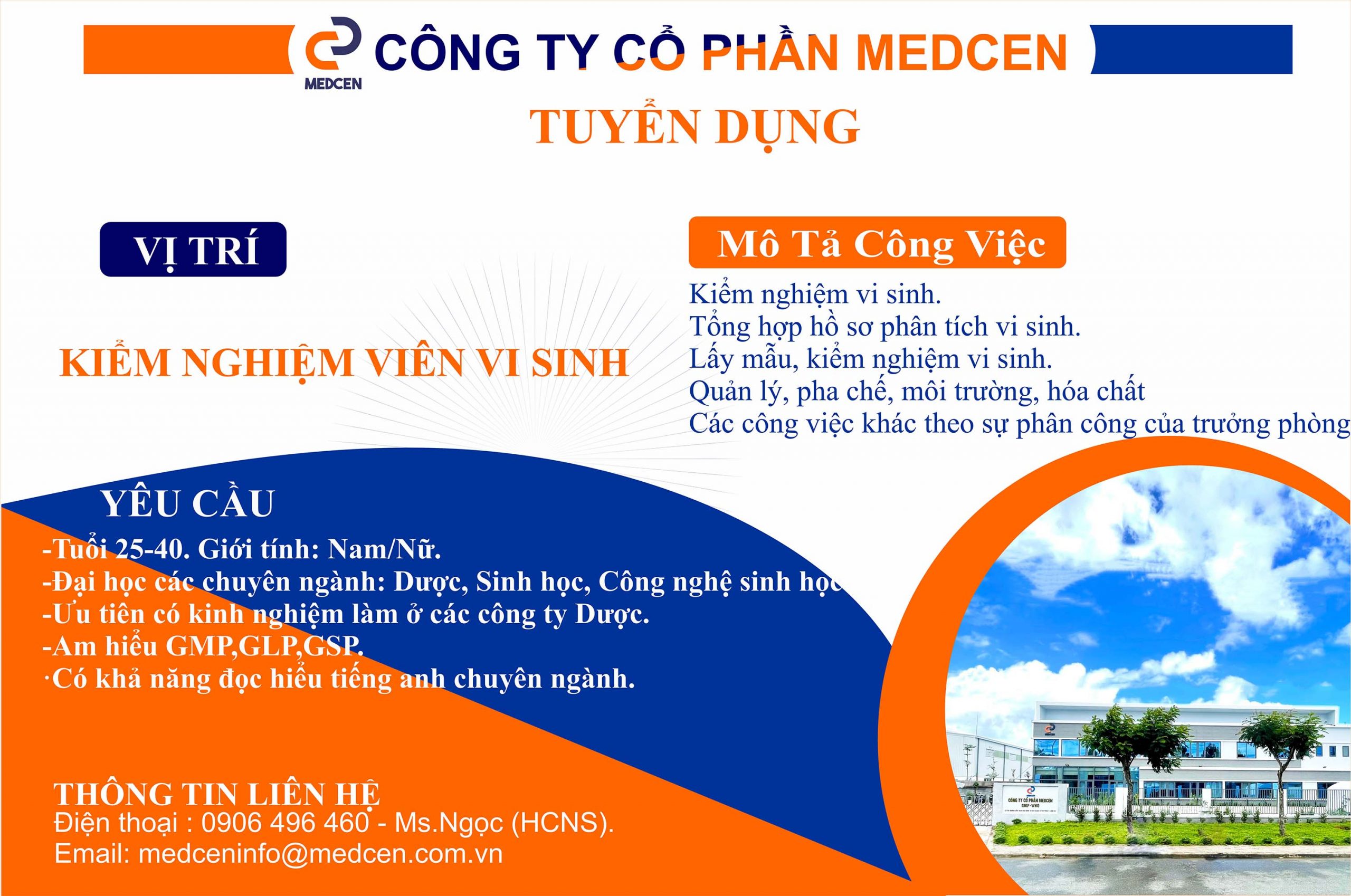 Tuyển dụng: Kiểm Nghiệm Viên Vi Sinh.